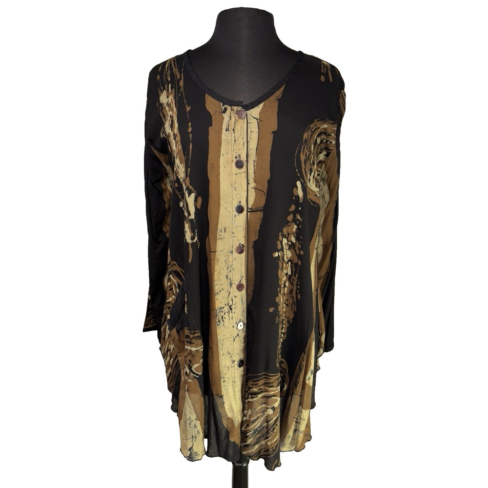 Lyng Button Up Tunic Blouse Size Med Brown Black Abstract Rayon Long‎ Sleeve NWT